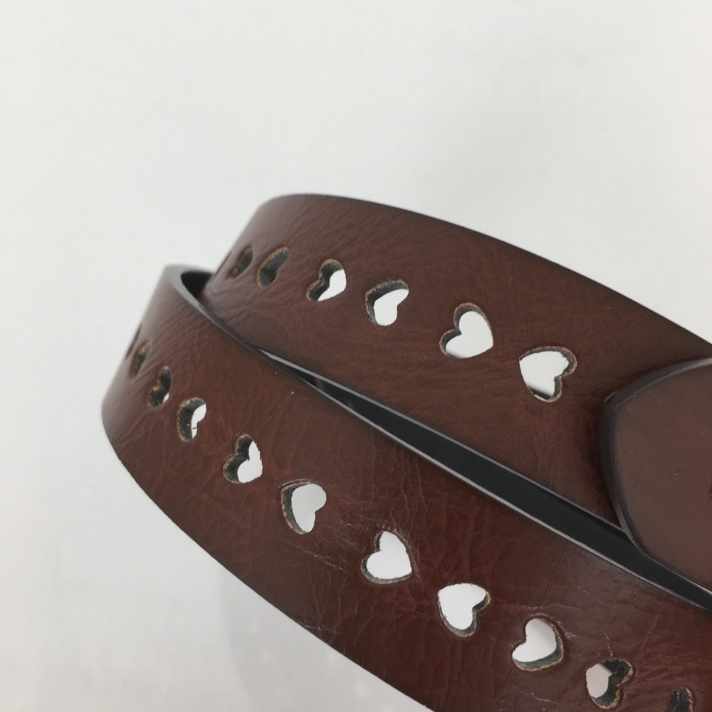 Women’s Thin Heart Filigree Leather Belt Brown Shiny Silver Buckle - Picture 2 of 6